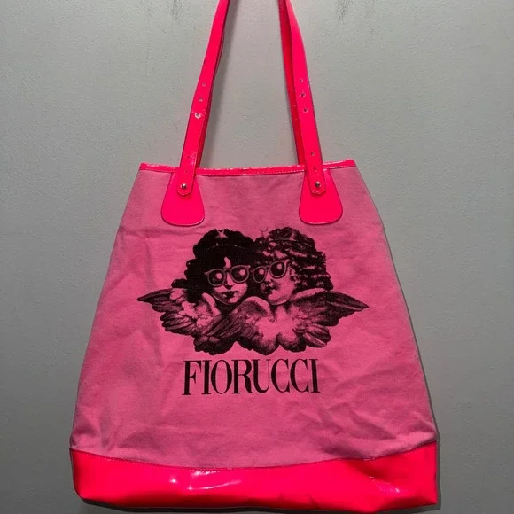 Fiorucci Y2K Pink Cherub Angel Tote Bag Canvas Patent Shopper McBling