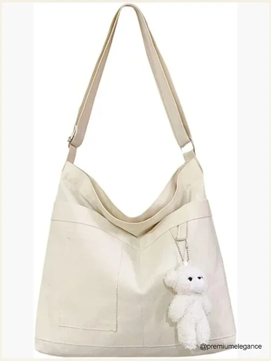 Large Cotton Canvas Hobo Tote Shoulder Crossbody Beach Bag with Pockets