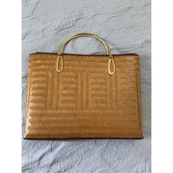 Rattan Woven Bag Carry‎ Case Small Vintage Tote Purse Gold Handle 70s Beach