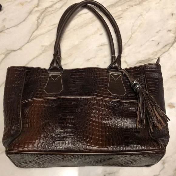 Arpiel genuine leather tote bag, croc texture brown