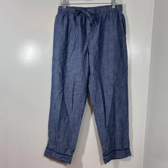 Lands End Mens Blue Chambray Cotton Pajama Pants Drawstring Medium 32-34