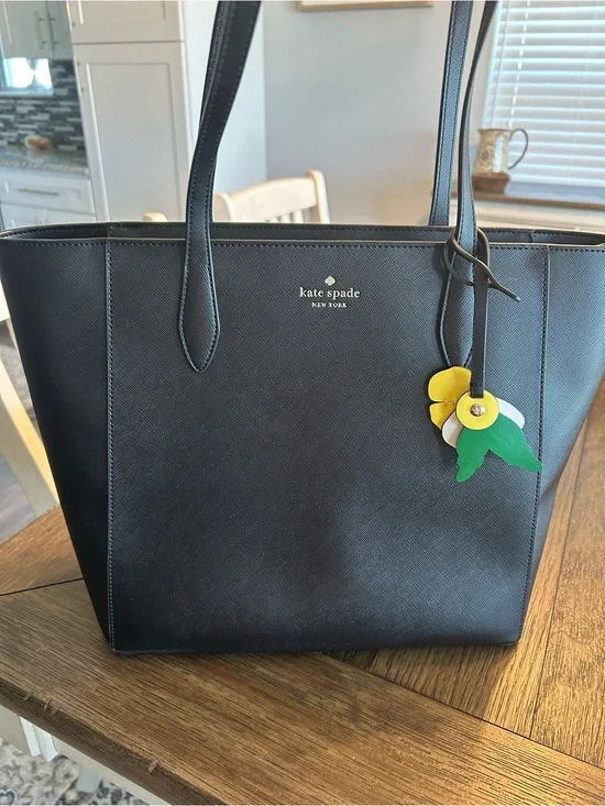 kate spade Black Saffiano Leather Tote with Floral Charm