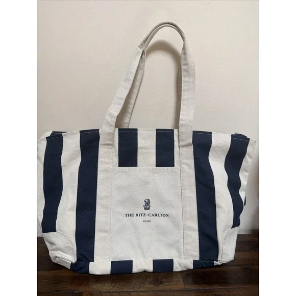The Ritz Carlton Aruba Luxury Resort Navy Blue Cream Canvas Tote Beach Bag Zip