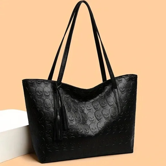 Black Embossed Skull Tote Bag - Stylish Women's Shoulder Bag