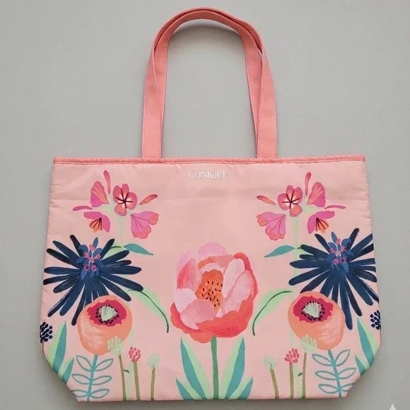 Clinique Pink Floral‎ Tote Bag Botanical Peony Print Nylon Shopper Travel Makeup