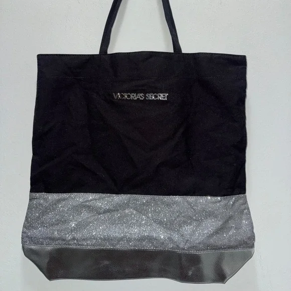 Victoria's Secret Black Silver Glitter Colorblock Tote Bag Metallic Logo