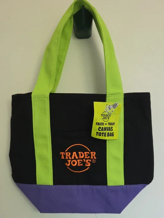 Trader Joes Halloween Mini Canvas Tote Bag with Lime Handles and Purple Base NWT