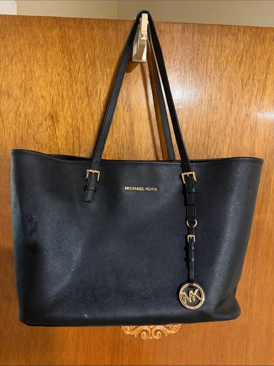 Michael Kors Black Leather Saffiano Tote with Gold Accent Charm