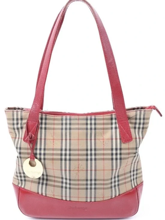 Burberry Vintage Nova Check Beige Canvas Shoulder Bag with Red Leather Trim