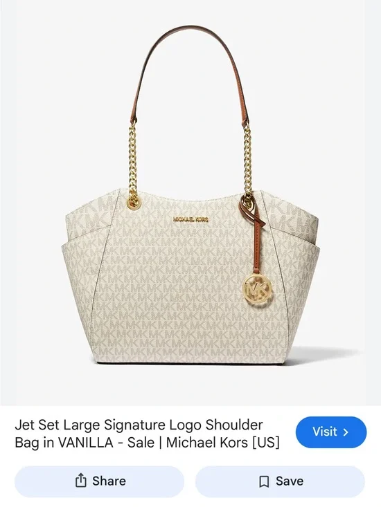Michael Kors Cream Logo Chain-Trim Tote with Tan Straps