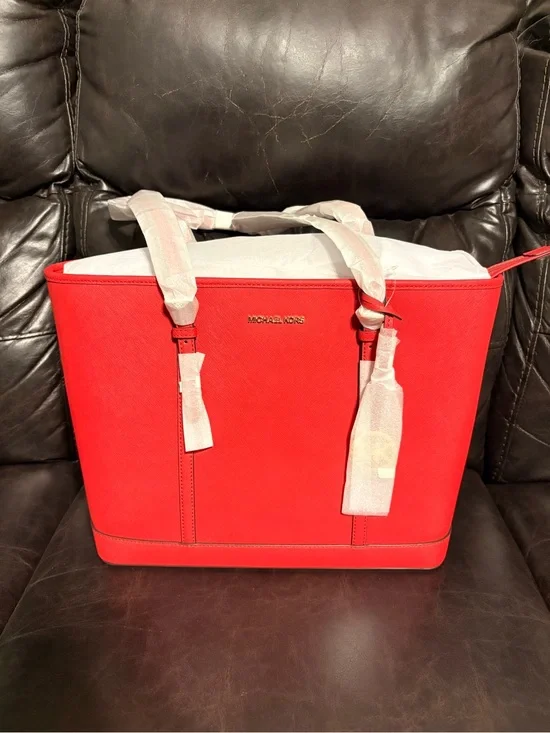 Michael Kors Bright Red Saffiano Leather Tote with Gold Logo