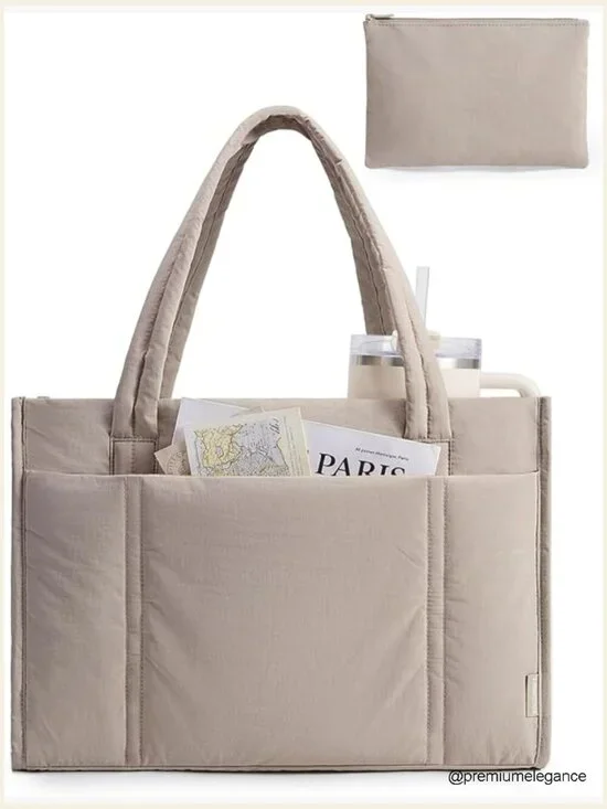 Quilted Puffer Tote Bag with Zipper, Fits 15.6