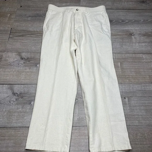 Haggar Comfort Luxe Pant Men 36x30 Cream Linen Blend Straight Fit Wide Leg Beach