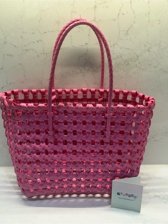Bright Pink Woven Tote Bag with Braided Handles