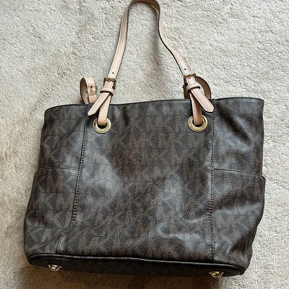 MICHAEL Michael Kors Brown Logo Tote with Pale Pink Leather Straps