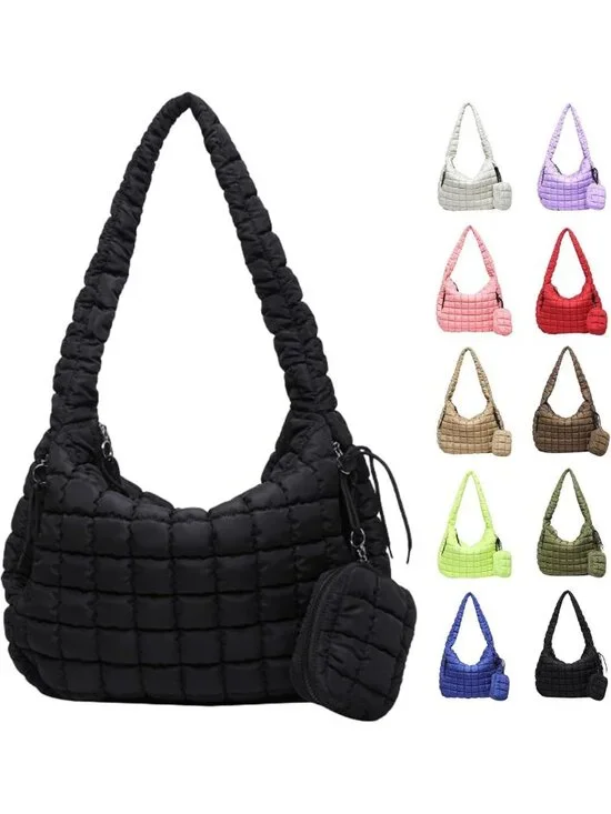 Large Quilted Puffer Tote Bag with Pouch | Stylish Puffy Hobo & Crossbody Purse