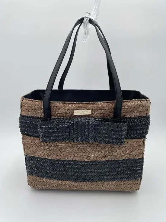 Kate Spade Straw Striped Large Tote Bag Belle Place Beige Black Floral Lining