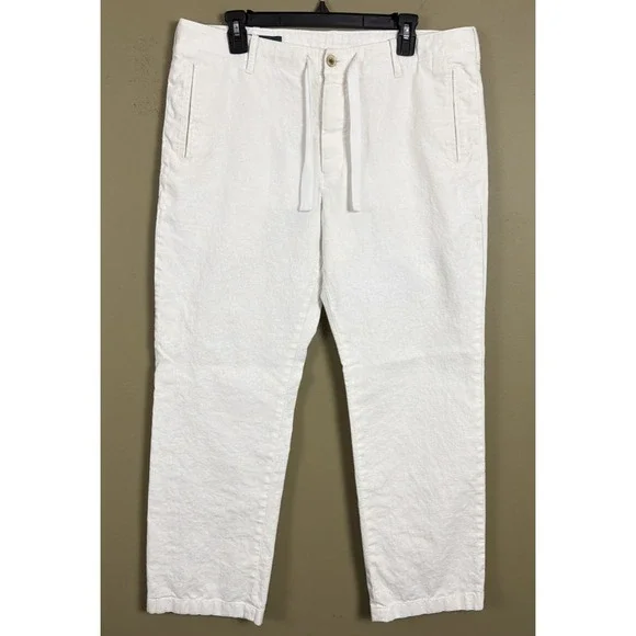 Perry Ellis Men's Linen Blend Drawstring Pants White 34x30 Casual Beach