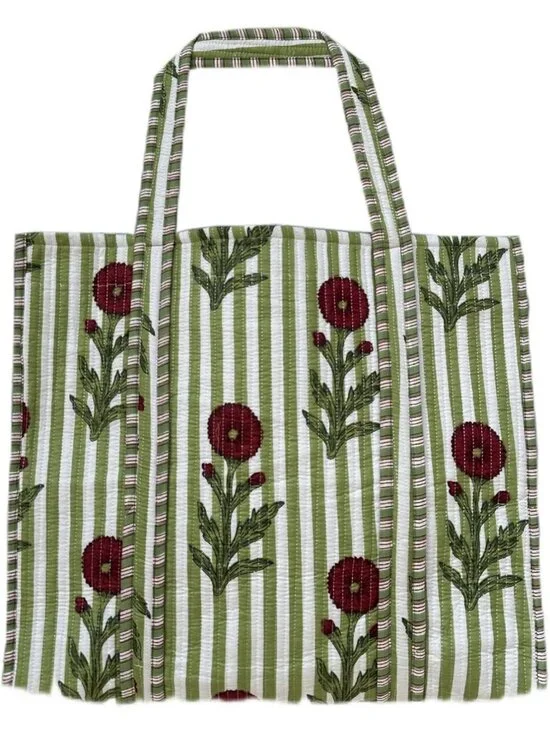 Reversible Large Floral Tote Bag | Hand-Printed Cotton Shopping Shoulder Bag