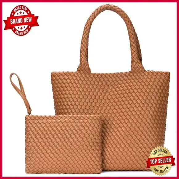 Large Woven Leather Tote Bag for Work Travel Beach Shoulder Handbag
