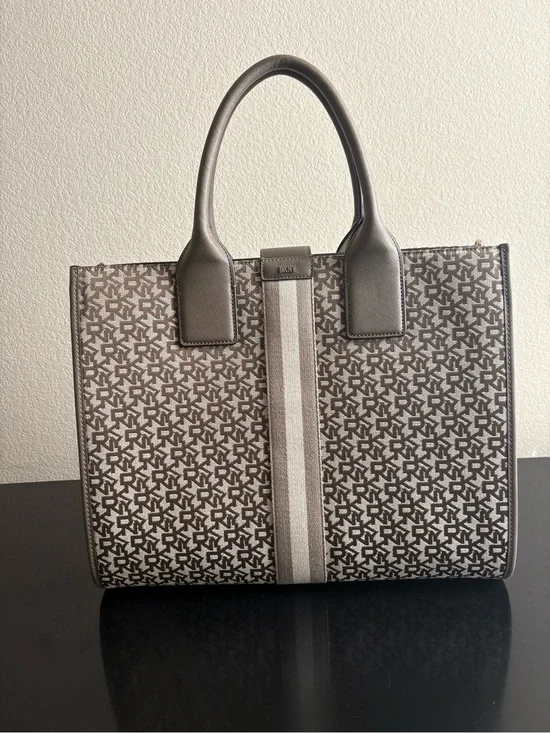 DKNY Brown Taupe Monogram Stripe Tote