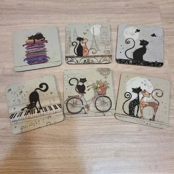 Fancy Cat Drink Coasters Set Cute Kitten Pet Lover Table Barware Beverage Mat