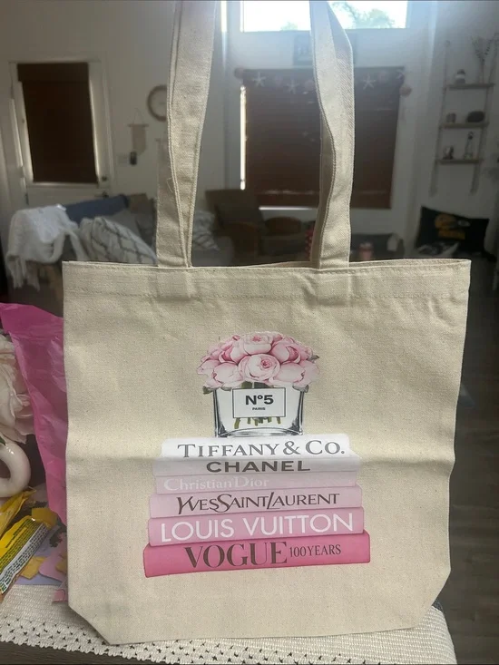 Canvas Tote Bag with Pink Fashion Stack Print