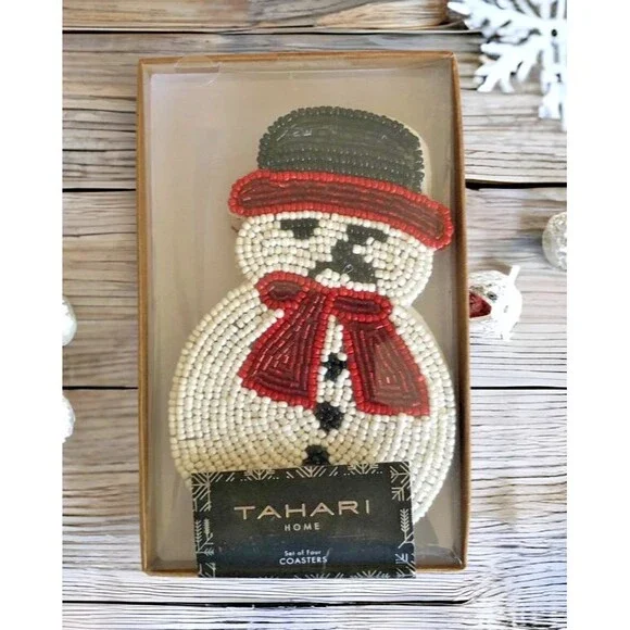 Tahari Home Snowman Christmas Winter Coasters Beaded 7