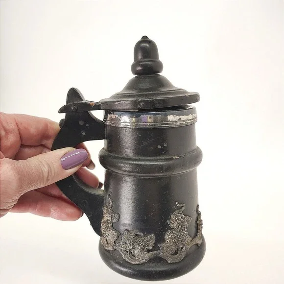 Small Beer Stein Wood‎ Black Silver Liner  6.5