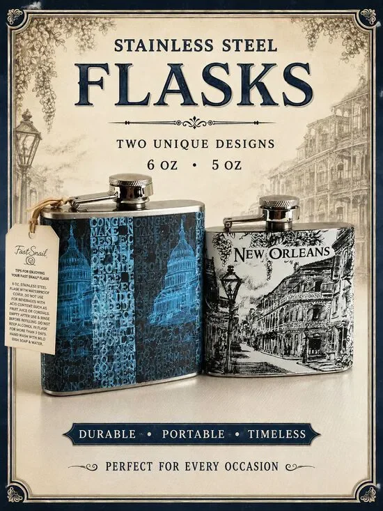 2 Stainless Steel Hip Flasks 6oz & 5oz Fast Snail Capitol New Orleans Designs