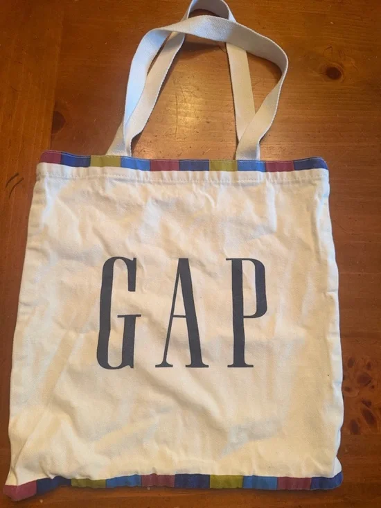 GAP Cream Canvas Tote with Multicolor Stripe Trim