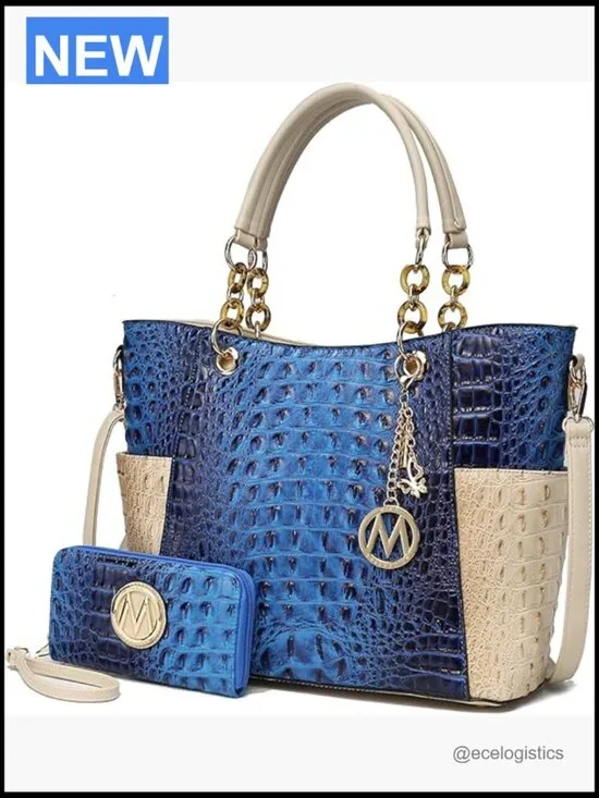 Tote Bag & Wallet Set - Croc Embossed Vegan Leather - Adjustable Strap