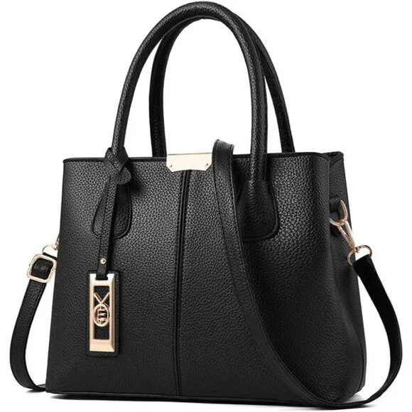 Women's Black Top Handle Satchel Pu Leather Zipper Closure Tote Bags