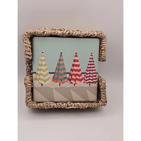 Coasters Set Of 4 Thirsty Stone Beach Umbrellas With Cork Backing Made In USA
