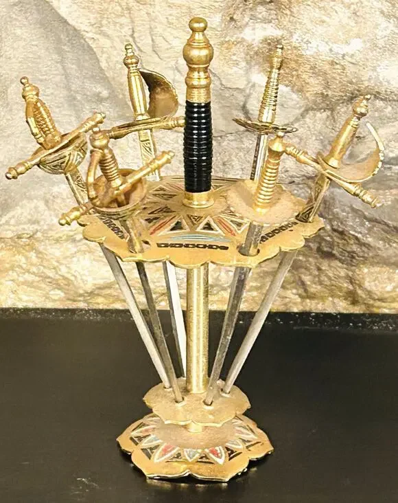 Vintage Gold Tone Metal Cocktail Picks Swords w/ Stand MCM Barware Toldedo Spain