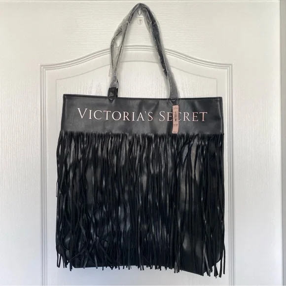 Victoria's Secret Black Fringe Tote Bag Purse Rose Gold Logo‎ 15x17