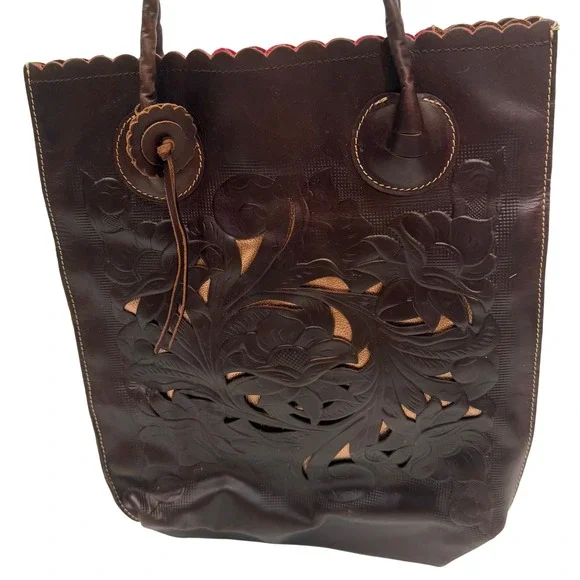 Patricia Nash Dark Brown Leather‎ Floral Cutout Scalloped Tote Bag Pink Lining