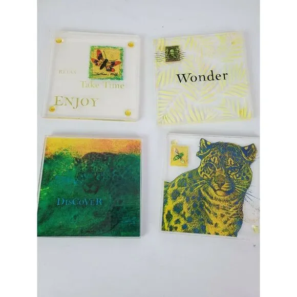 Set of‎ 4 Leopard Clear Coasters Enjoy Wonder Discover Tropical Theme