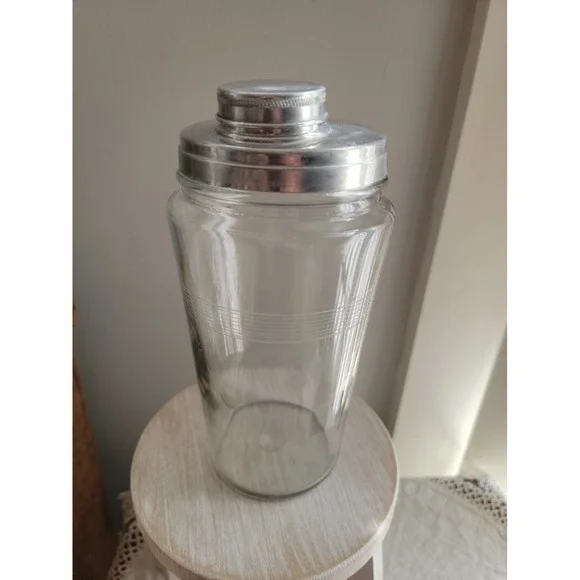 Vintage Mid Century Etched Glass Cocktail Shaker With Stainless Steel Lid