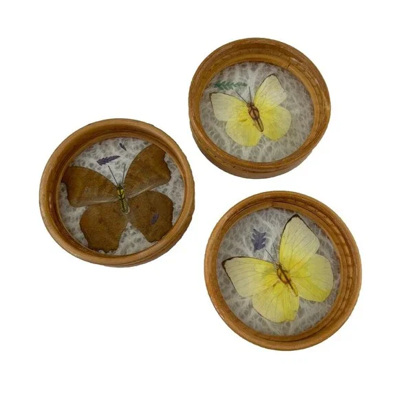 Set Of 3 Vintage Paper Butterfly Bamboo Coasters Bohemian Boho Replacements Gift
