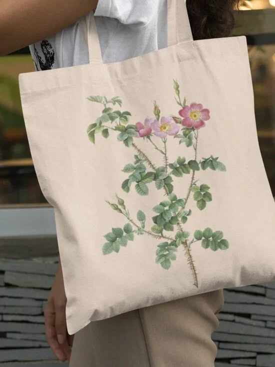 Sweet Briar Rose Vintage Floral Print Graphic Canvas Tote Bag