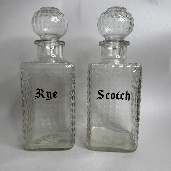 Vintage Diamond Glass Decanter Set Rye & Scotch Bottles w/ Stoppers