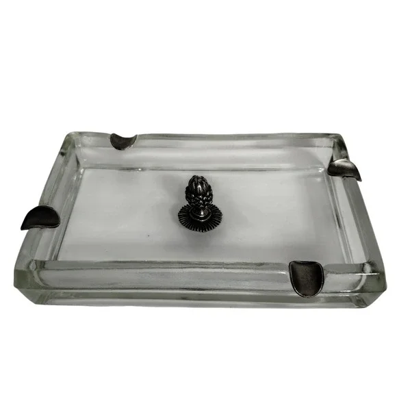 Vintage Glass Ashtray‎ w Metal Cigarette Rests & Acorn Finial Mid Century