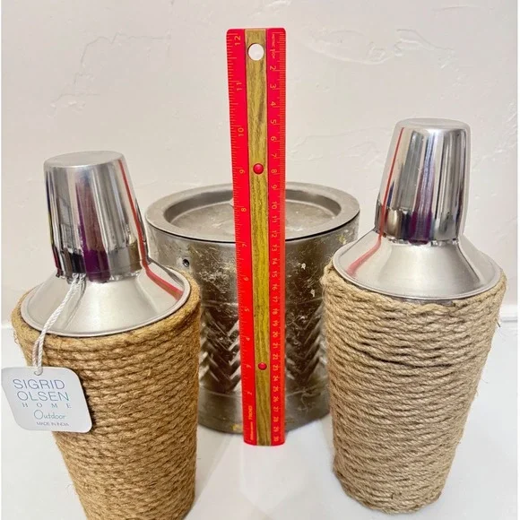 Sigrid Olsen Home Outdoor Jute Wrapped Cocktail Shaker, Ice‎ Bucket 3pc OLDSTOCK