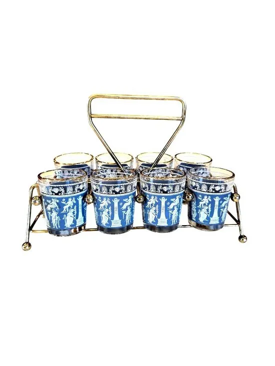 Vintage Corinthian Blue Hellenic Jasperware Jeannette Glass Company Barware Set