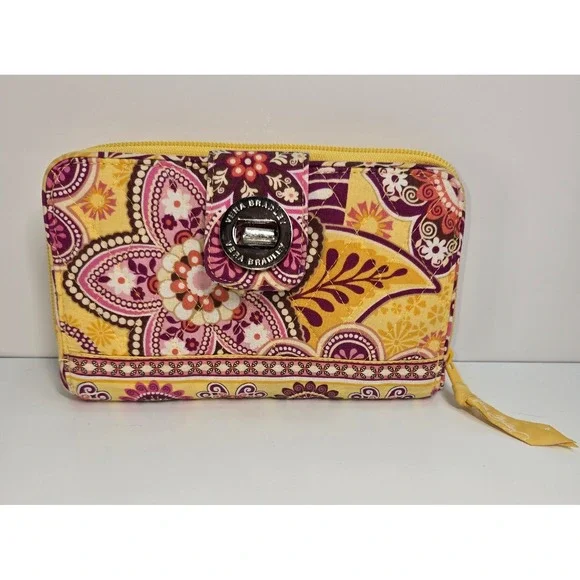Vera Bradley Retired Yellow Purple Floral Accordion Zip Around Wallet Organizer‎