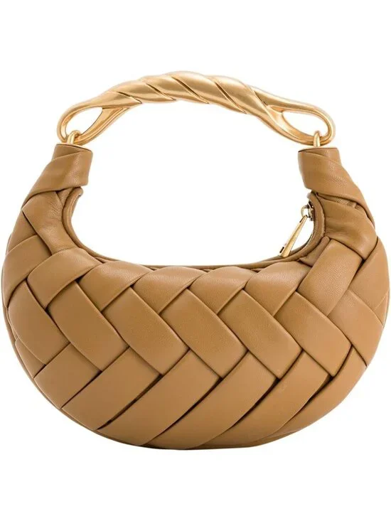 👜Women's Brown Orla Woven Top Zipper Handle Bag Gold Twist Handle Purse