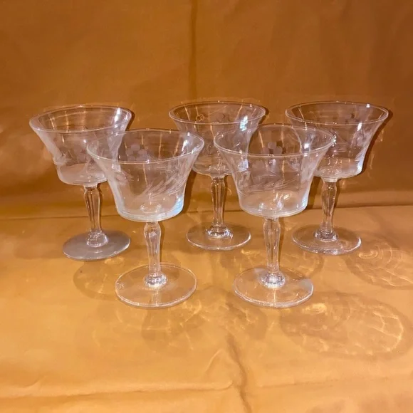 Vintage Set of 4 plus one crystal small glasses 4 1/3” tall