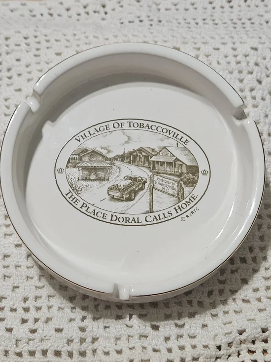 Village of Tobaccoville Ceramic Ashtray in White with Brown Graphic