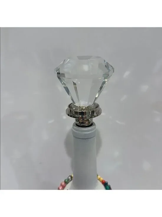 Faceted Crystle Wine Bottle Stopper, Silver Base with 3 Black Rubber Rings